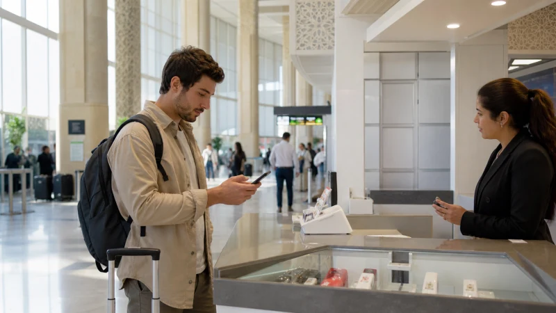Traveller using a smartphone for SIM Card Tunis Airport in Tunisia