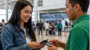 Traveller using a smartphone in Bolivia while researching buying a sim card at viru viru international airport