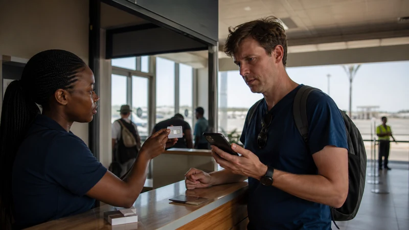Traveller using a smartphone in Namibia while buying a SIM card at Walvis Bay Airport