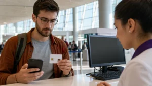 Traveller using airport connectivity for buying a SIM card at Zvartnots Airport in Armenia