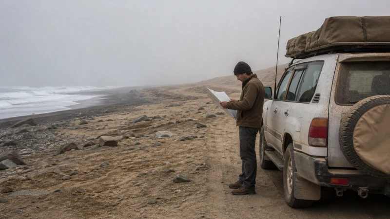 Traveller using a smartphone in Namibia while preparing for mobile coverage along the Skeleton Coast