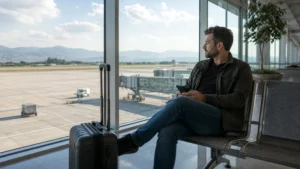Traveller using a smartphone during skopje airport wifi and mobile internet guide in North Macedonia.