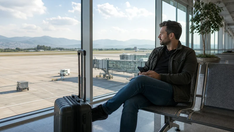 Traveller using a smartphone during skopje airport wifi and mobile internet guide in North Macedonia.
