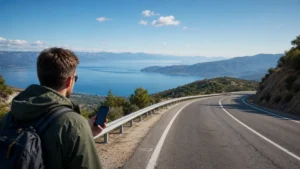 Traveller using a smartphone during skopje to ohrid mobile internet in North Macedonia.