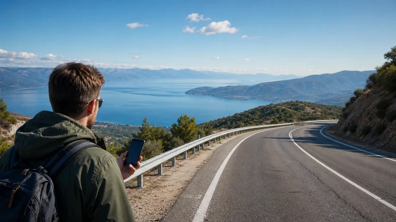 Traveller using a smartphone during skopje to ohrid mobile internet in North Macedonia.