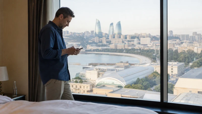 Traveller testing mobile data speed in a Baku cafe