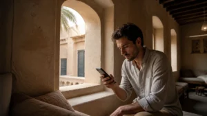 Traveller using a smartphone in Bahrain for slow esim bahrain