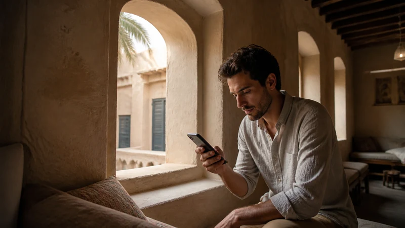 Traveller using a smartphone in Bahrain for slow esim bahrain