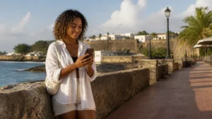 Traveller using a smartphone in the Dominican Republic for slow esim dominican republic
