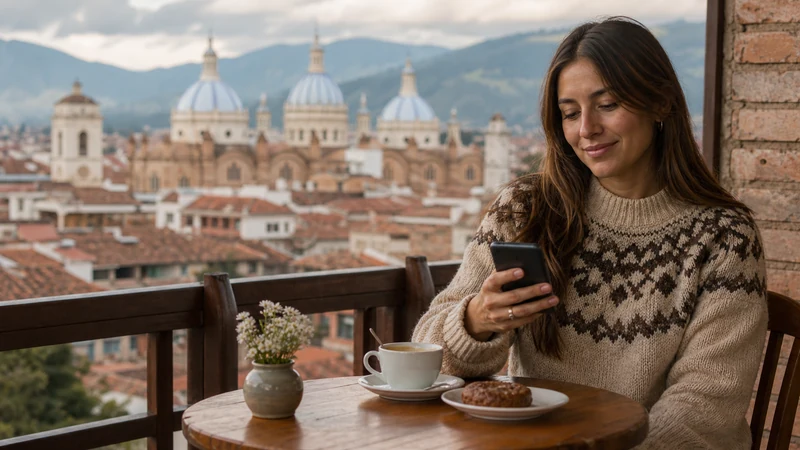 Traveller using a smartphone in Ecuador for slow esim ecuador