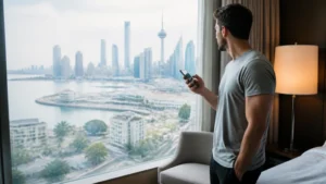 Traveller using a smartphone in a Kuwait setting related to why is your kuwait esim slow? practical ways to improve it