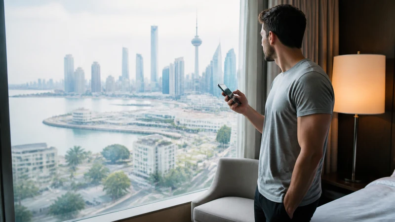Traveller using a smartphone in a Kuwait setting related to why is your kuwait esim slow? practical ways to improve it