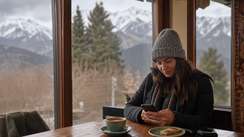 Traveller using a smartphone in Kyrgyzstan for slow esim kyrgyzstan