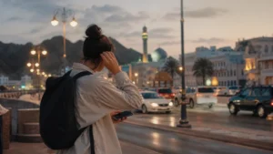 Traveller using a smartphone during slow-data troubleshooting in Muscat
