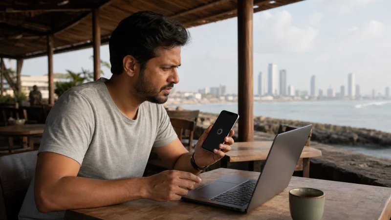 Traveller diagnosing slow mobile data at a Karachi café