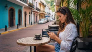Traveller using a smartphone in Panama for slow esim panama