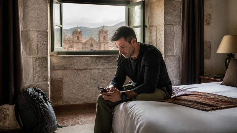 Traveller using a smartphone in Peru for slow esim peru
