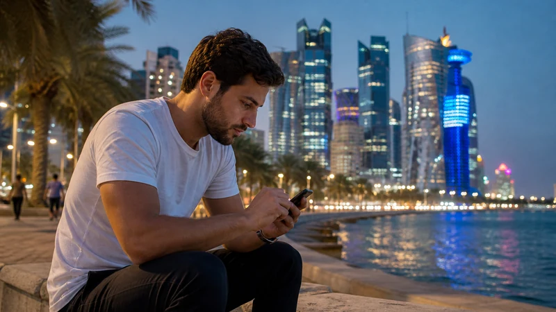 Traveller using a smartphone in traveller troubleshooting beside a busy West Bay boulevard at dusk