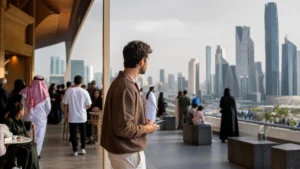 Traveller checking a slow mobile connection in a busy Riyadh public space.