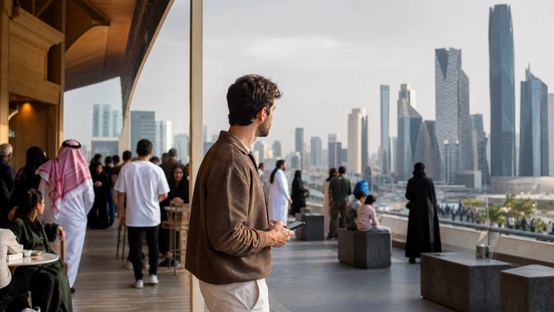 Traveller checking a slow mobile connection in a busy Riyadh public space.