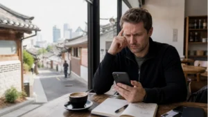 Traveller checking a slow eSIM connection at a Seoul café