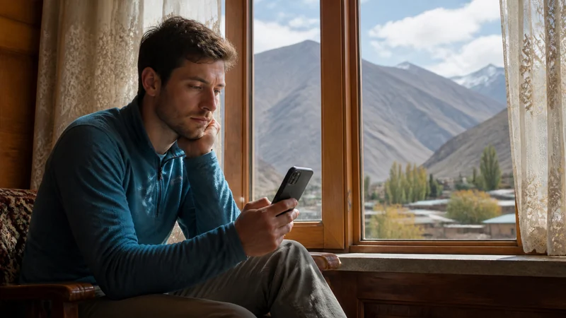 Traveller checking a slow phone connection in a mountain guesthouse
