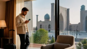 Traveller checking connectivity by a Samarkand hotel window
