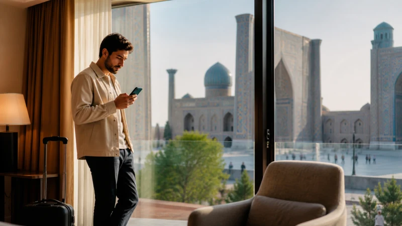 Traveller checking connectivity by a Samarkand hotel window