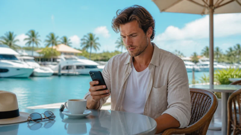 Traveller checking slow mobile data at a Bahamas marina cafe