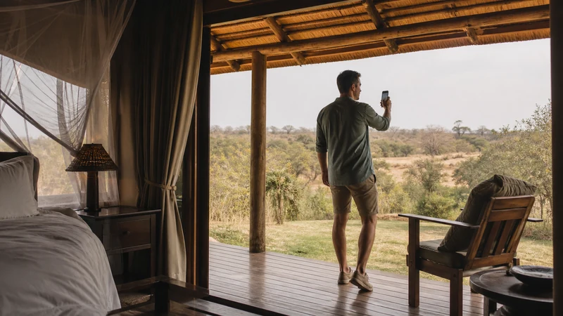 Traveller moving outdoors to improve phone reception.