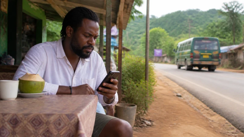 Traveller checking slow mobile data beside a road in Ghana