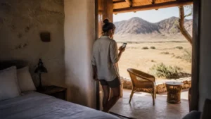Traveller using a smartphone in Namibia while using mobile data in Namibia