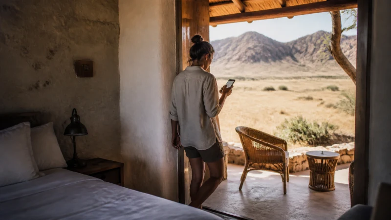 Traveller using a smartphone in Namibia while using mobile data in Namibia