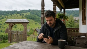 Traveller using a smartphone during slow mobile data in romania in Romania.