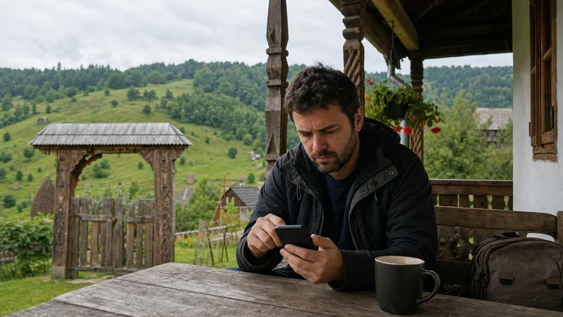 Traveller using a smartphone during slow mobile data in romania in Romania.