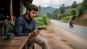 Traveller checking slow mobile data beside a road in Rwanda
