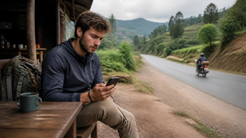 Traveller checking slow mobile data beside a road in Rwanda