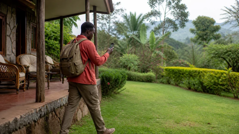 Traveller moving outdoors to improve phone reception.