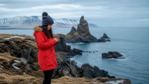 Traveller using a smartphone in Snæfellsnes