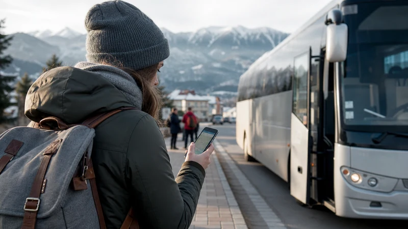 Traveller checking a smartphone beside a mountain shuttle near Bansko