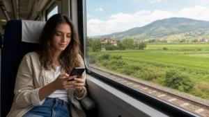 Passenger using a smartphone on a train between Sofia and Plovdiv