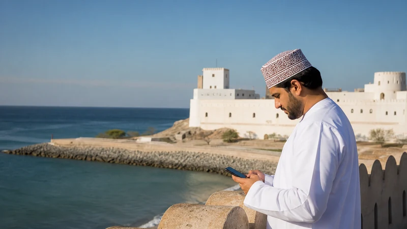 Traveller using a smartphone during traveller in Sohar