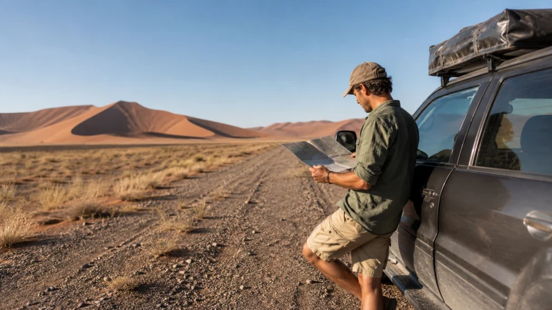 Traveller using a smartphone in Namibia while preparing for mobile coverage around Sossusvlei