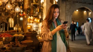 Traveller using a smartphone in traveller using a smartphone among Souq Waqif lanes and lanterns