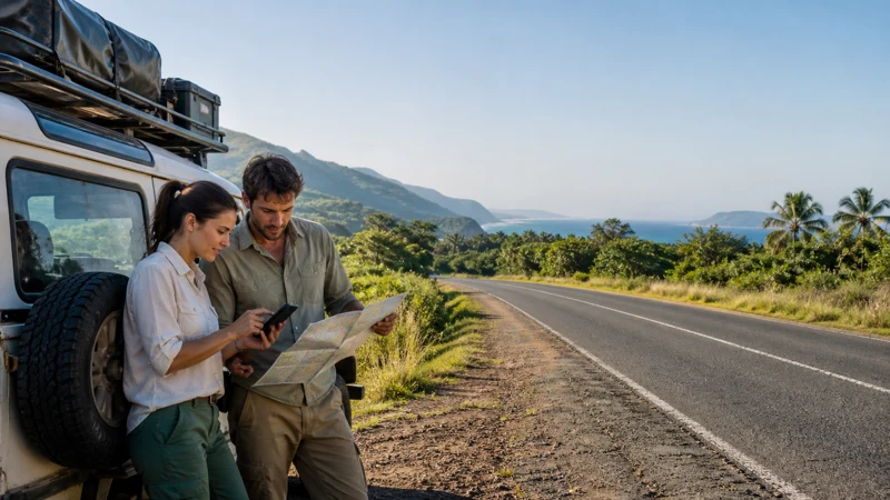Road-trip travellers checking mobile connectivity in southern Africa