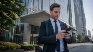Business traveller using mobile data in Seoul