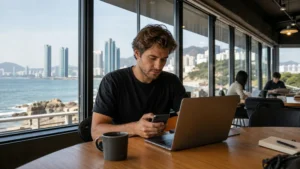 Digital nomad working online beside the Busan coast