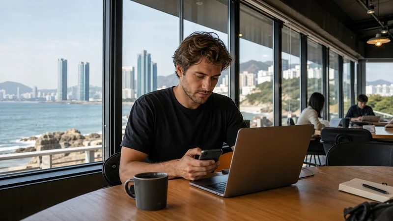 Digital nomad working online beside the Busan coast