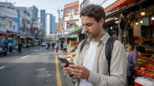 Traveller configuring an Android phone in Busan