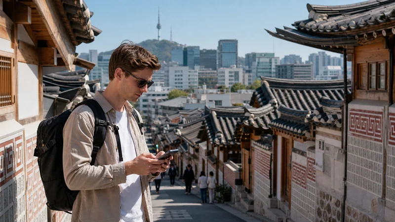 Traveller configuring a smartphone in a traditional Seoul neighbourhood